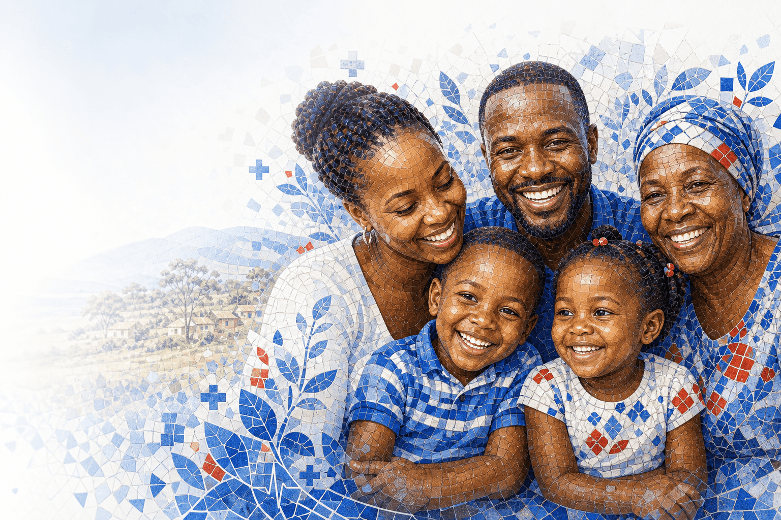 Happy multi-generational family mosaic illustrating Afya Nafuu affordable family health cover