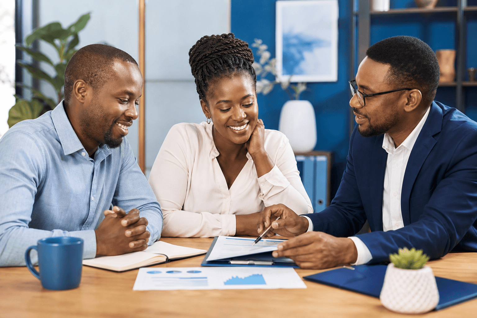 Couple with financial advisor reviewing APA Akiba Halisi savings plan