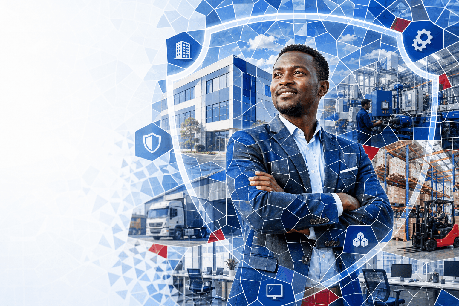 A confident business owner protected by a shield spanning building, machinery, stock and electronics, mosaic illustrating APA Asset All Risks