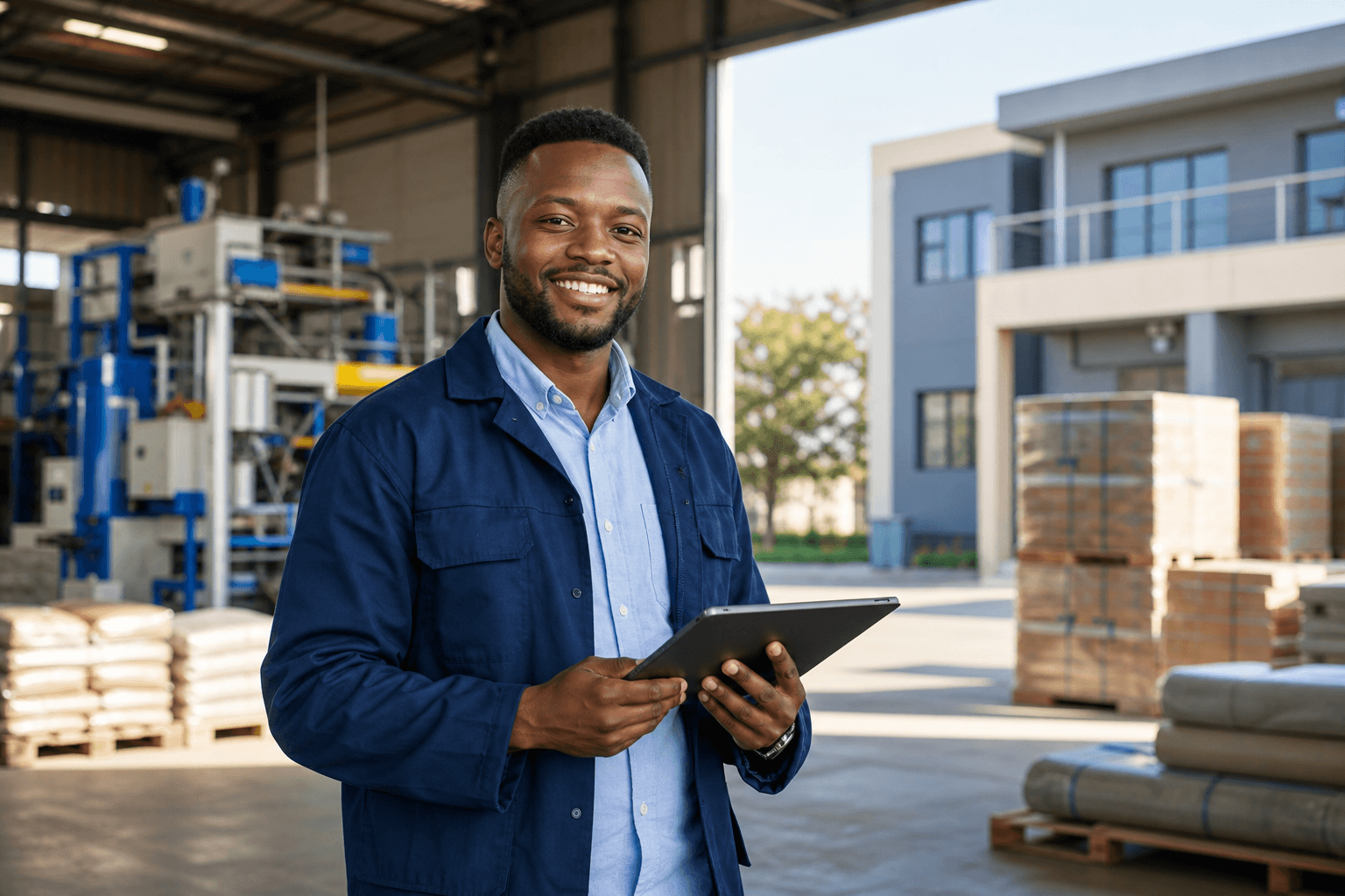 A confident operations manager in a warehouse with machinery and stock, protected by APA Asset All Risks