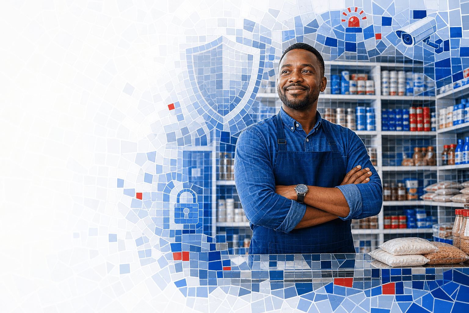 A reassured shop owner in their secure store, mosaic illustrating APA Burglary Insurance