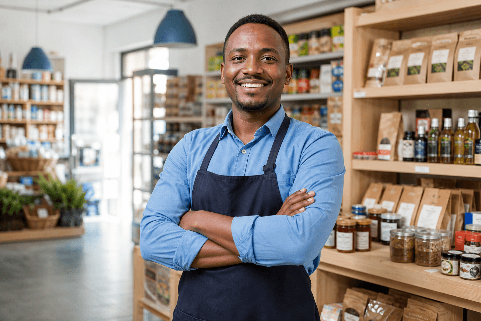 A confident shop owner in their store, protected by APA Burglary Insurance