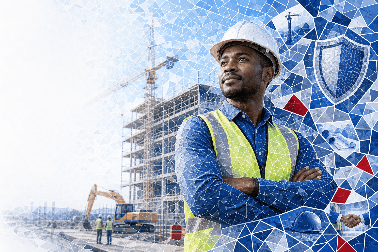 A confident construction project manager at a building site with protective mosaic elements, illustrating APA Contractors All Risks Insurance