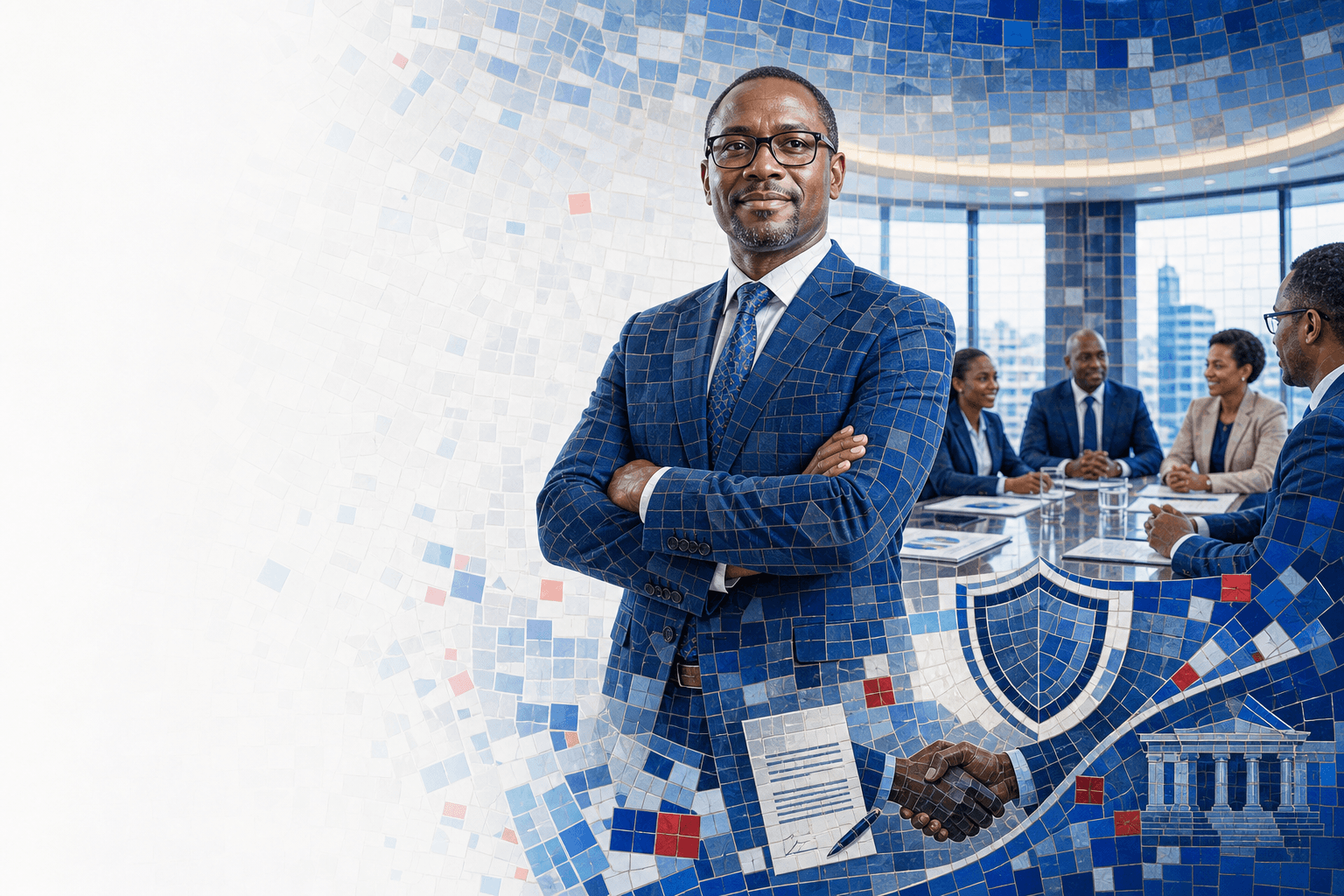 A confident corporate director in a boardroom with protective mosaic elements, illustrating APA D&O Liability Insurance