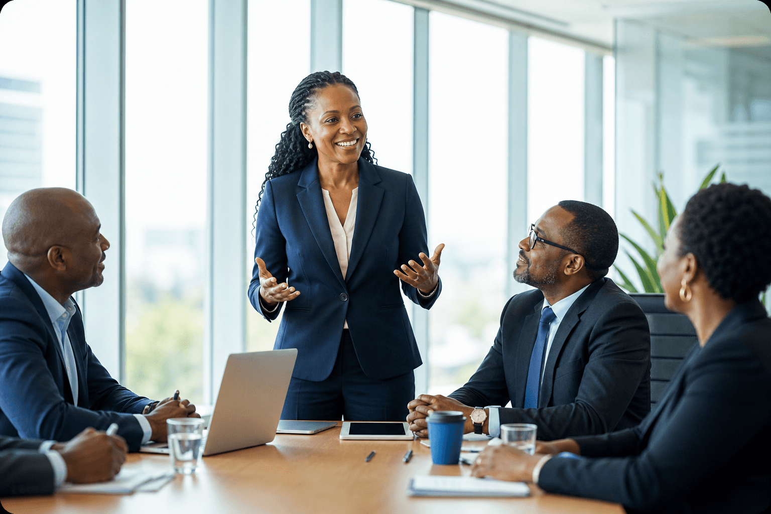 A confident corporate director leading a boardroom meeting, protected by APA D&O Liability Insurance
