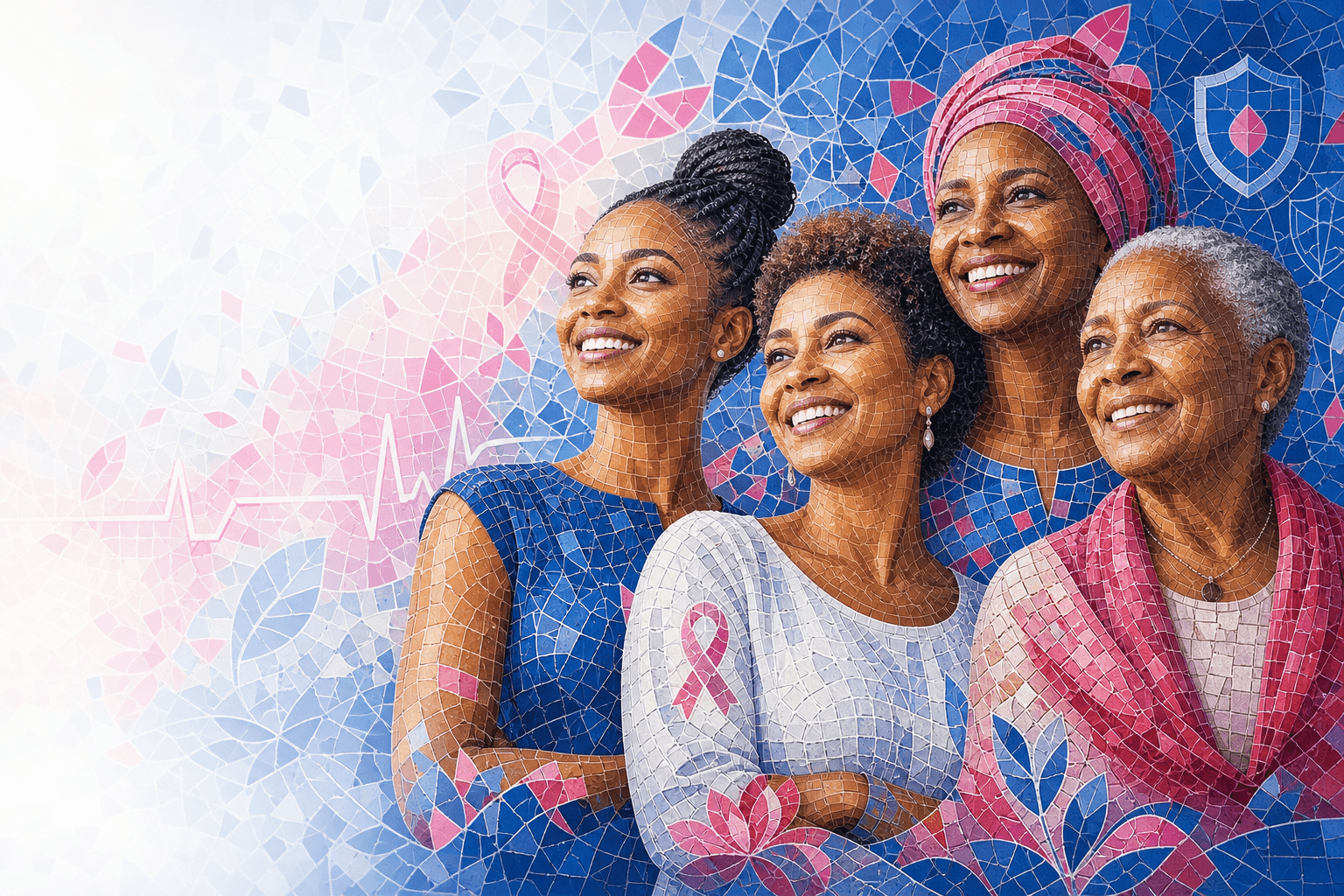 Confident women of different ages in solidarity, mosaic illustrating Femina Plus women's cancer cover