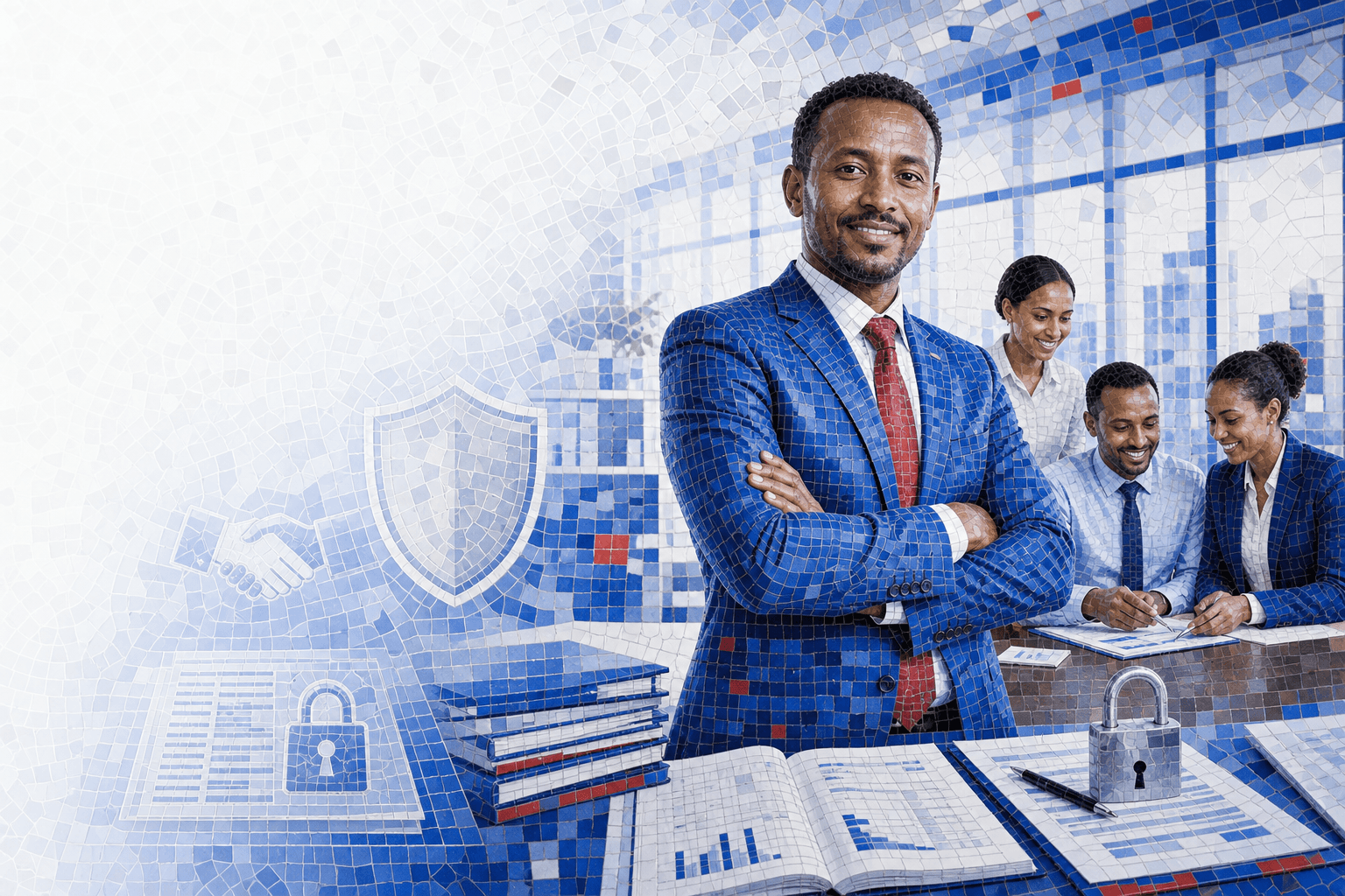 A confident employer with a trusted team reviewing secure records, mosaic illustrating APA Fidelity Guarantee