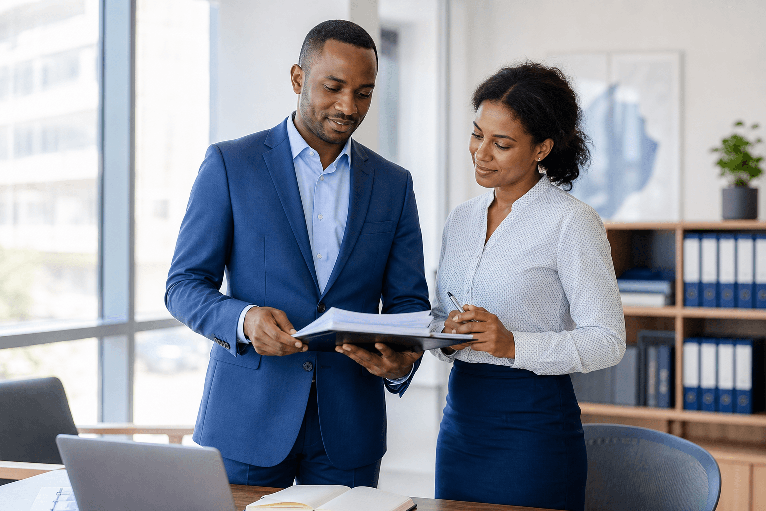 A business owner reviewing financial records with a trusted employee, protected by APA Fidelity Guarantee