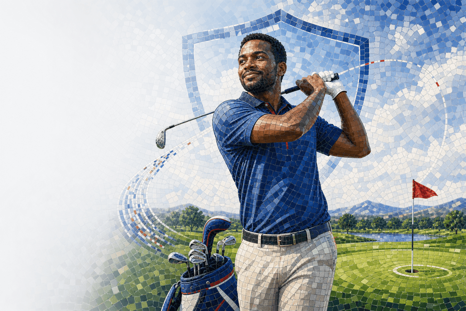 A golfer mid-swing on the green, mosaic illustrating APA Golfer's Insurance