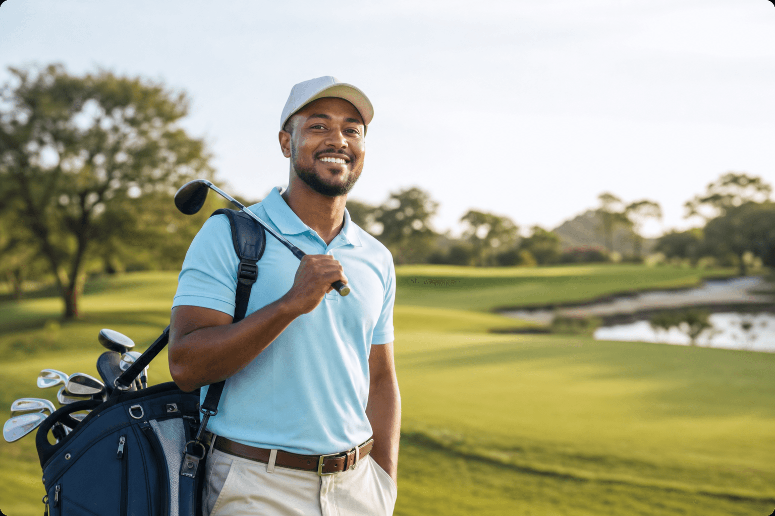 A smiling golfer with a bag of clubs on the course, protected by APA Golfer's Insurance