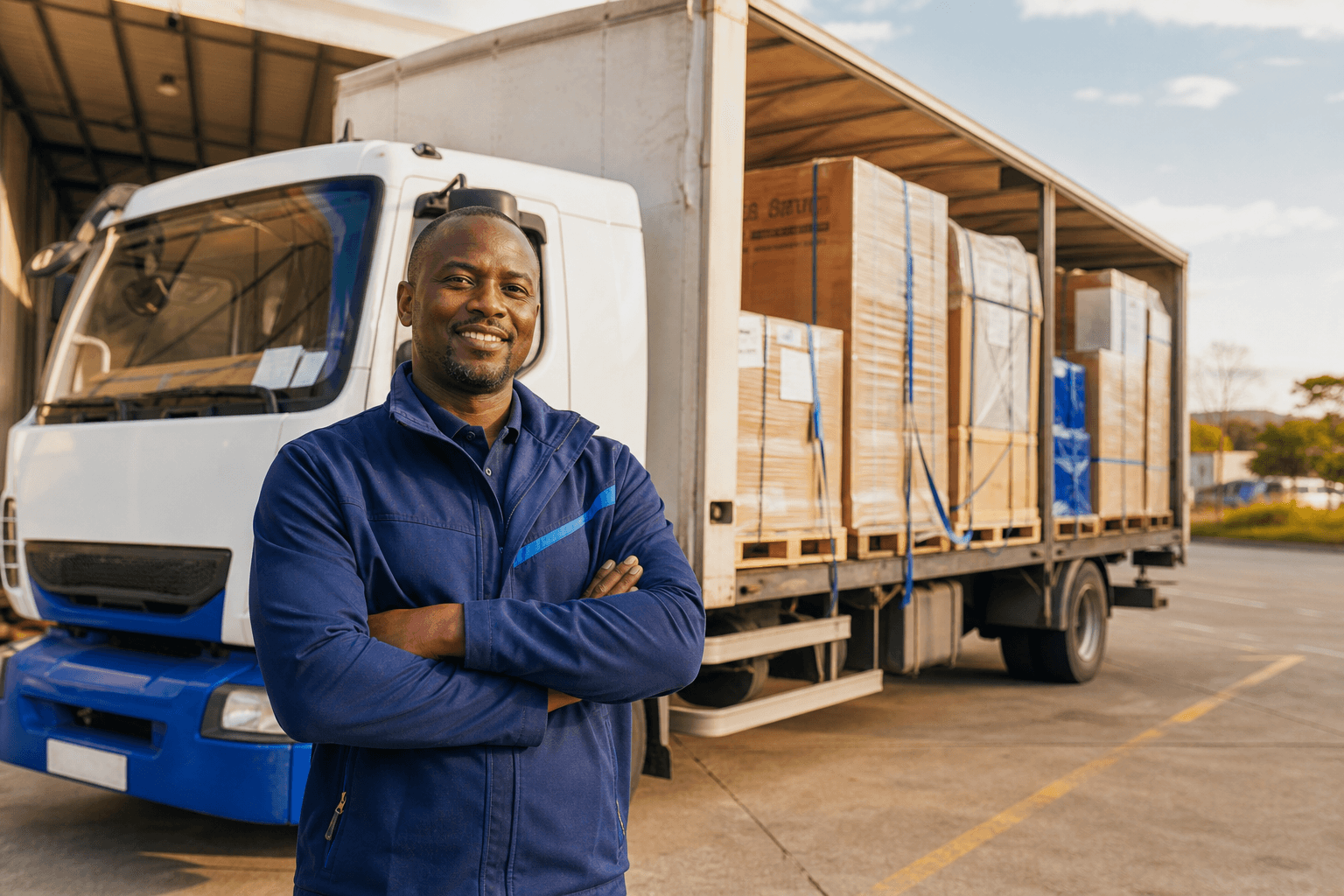 A logistics manager with a delivery truck loaded with goods, protected by APA Goods in Transit Insurance