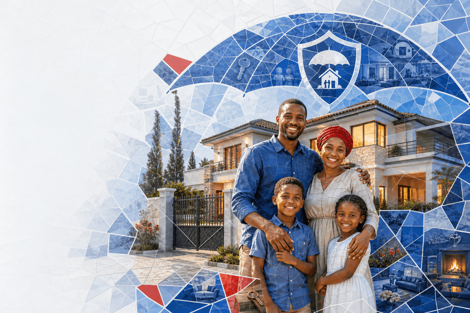 A happy family in front of their home, mosaic illustrating APA Home Insurance Domestic Package