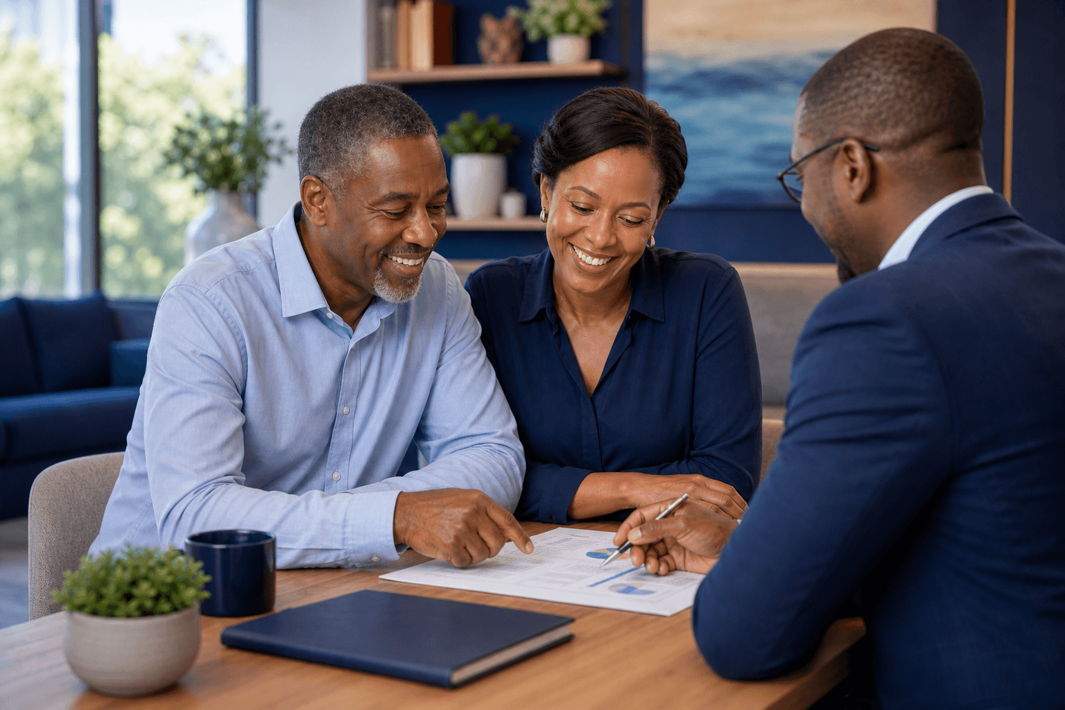 Retired couple discussing flexible income drawdown options with financial advisor