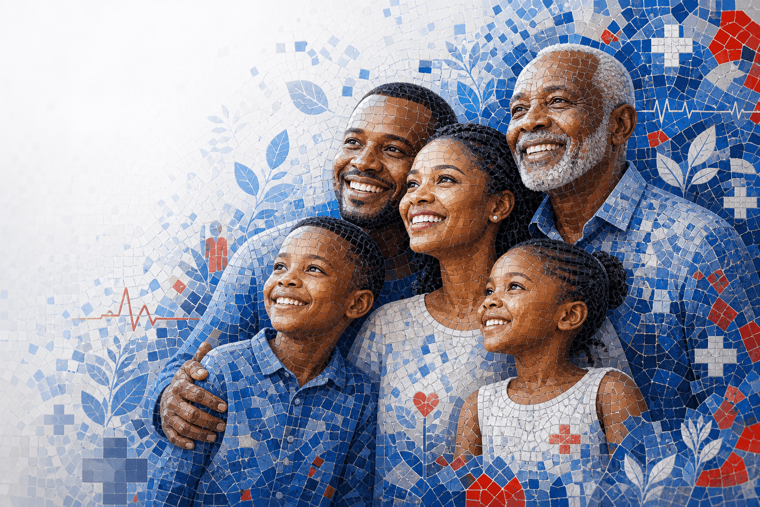 Multi-generational family mosaic illustrating Jamii Plus family health cover