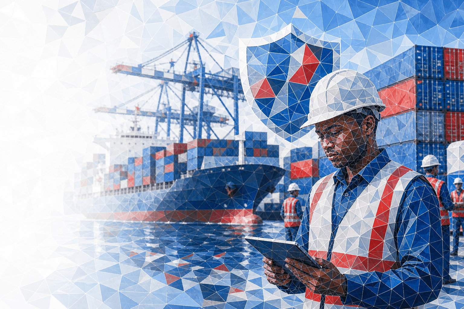 Cargo containers at a port with protective mosaic elements, illustrating APA Marine Cargo Insurance