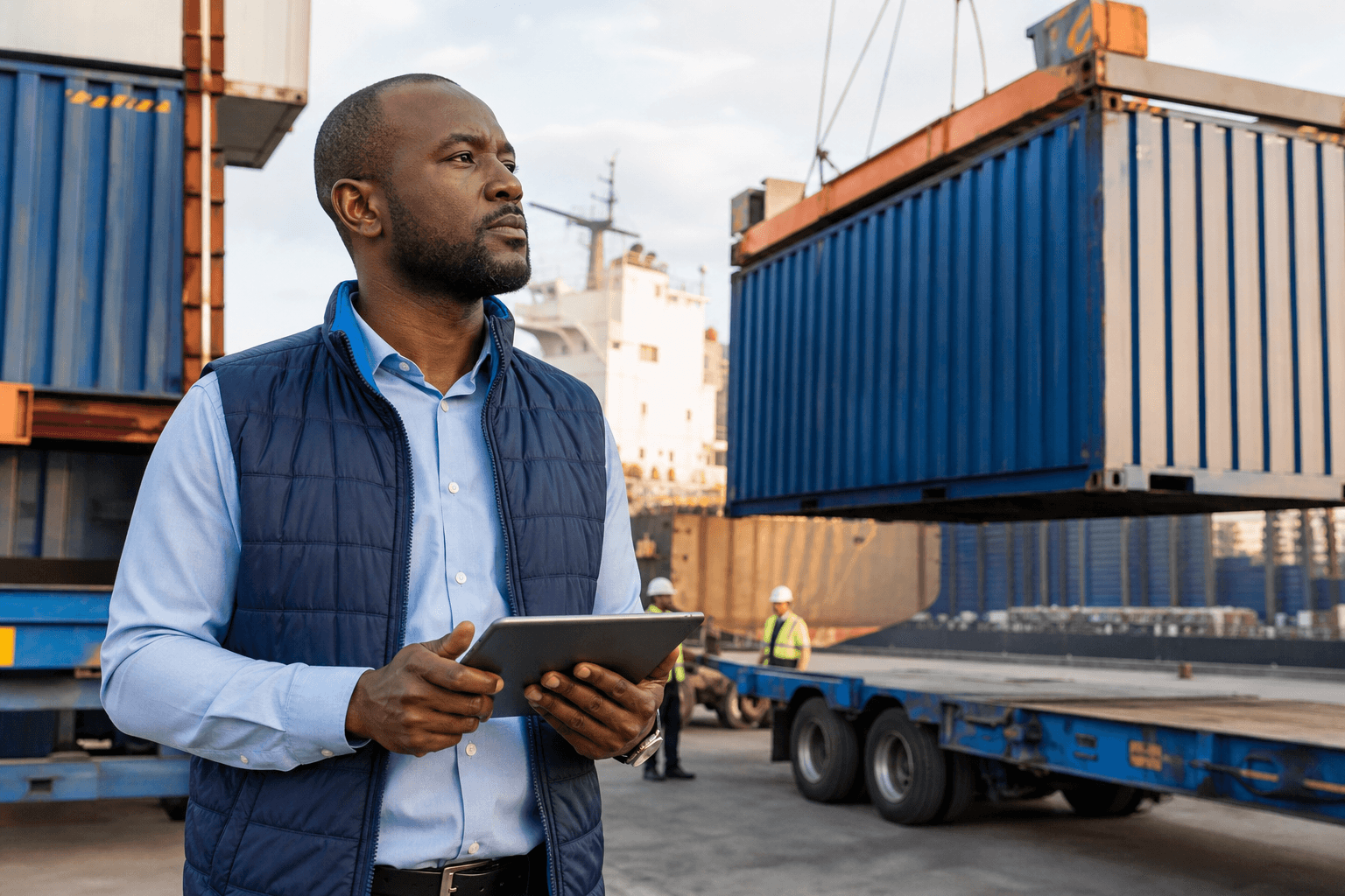 A logistics manager inspecting cargo containers at a port, protected by APA Marine Cargo Insurance