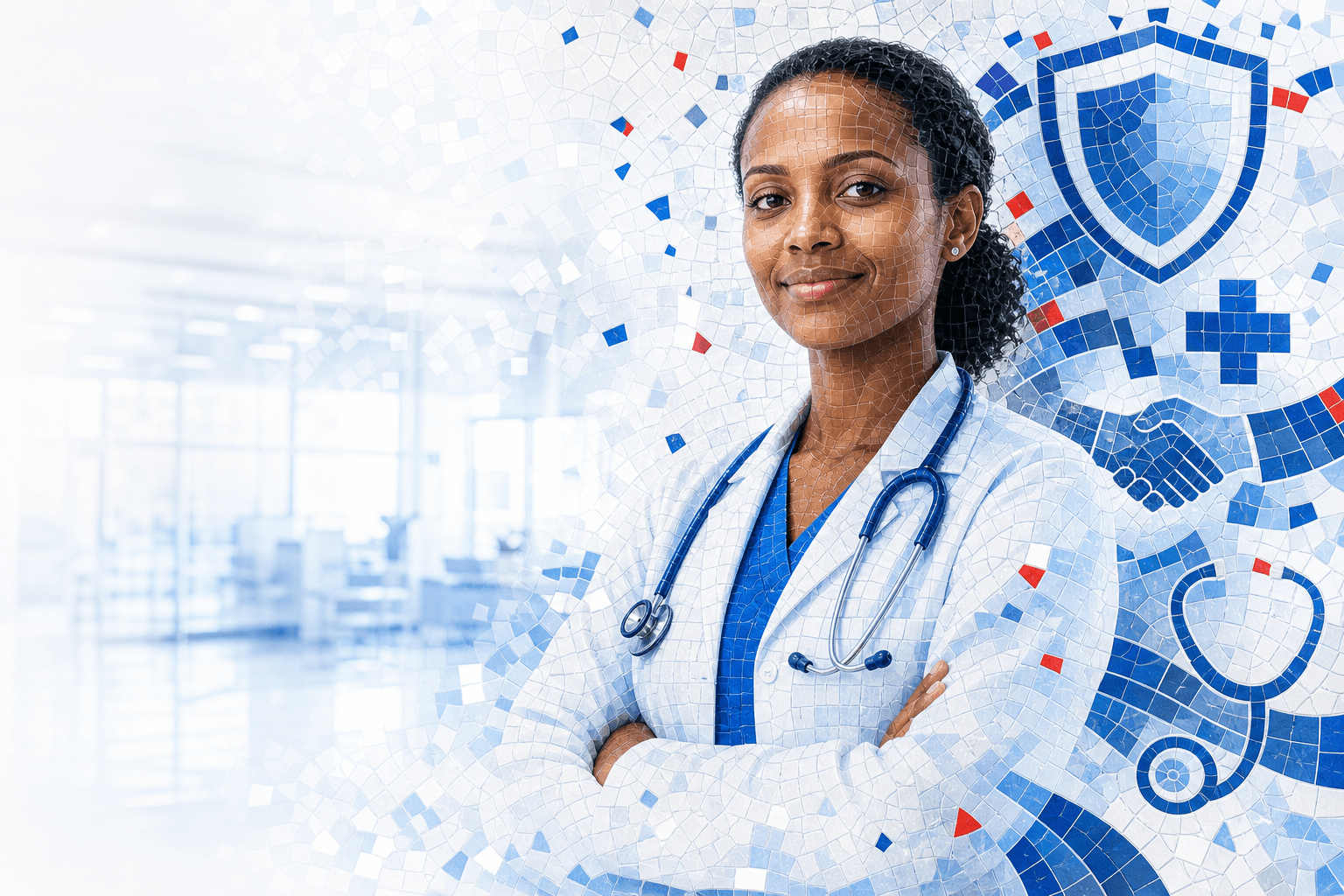 A confident doctor in a clinic with protective mosaic elements, illustrating APA Medical Malpractice Liability Insurance