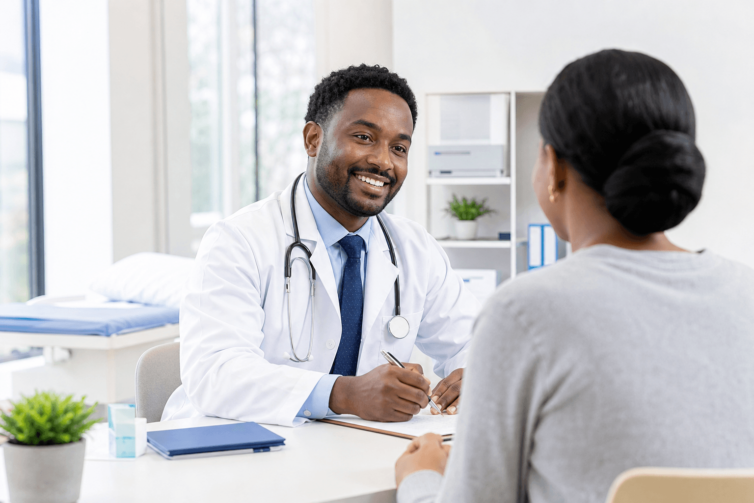 A confident doctor consulting with a patient in a clinic, protected by APA Medical Malpractice Insurance