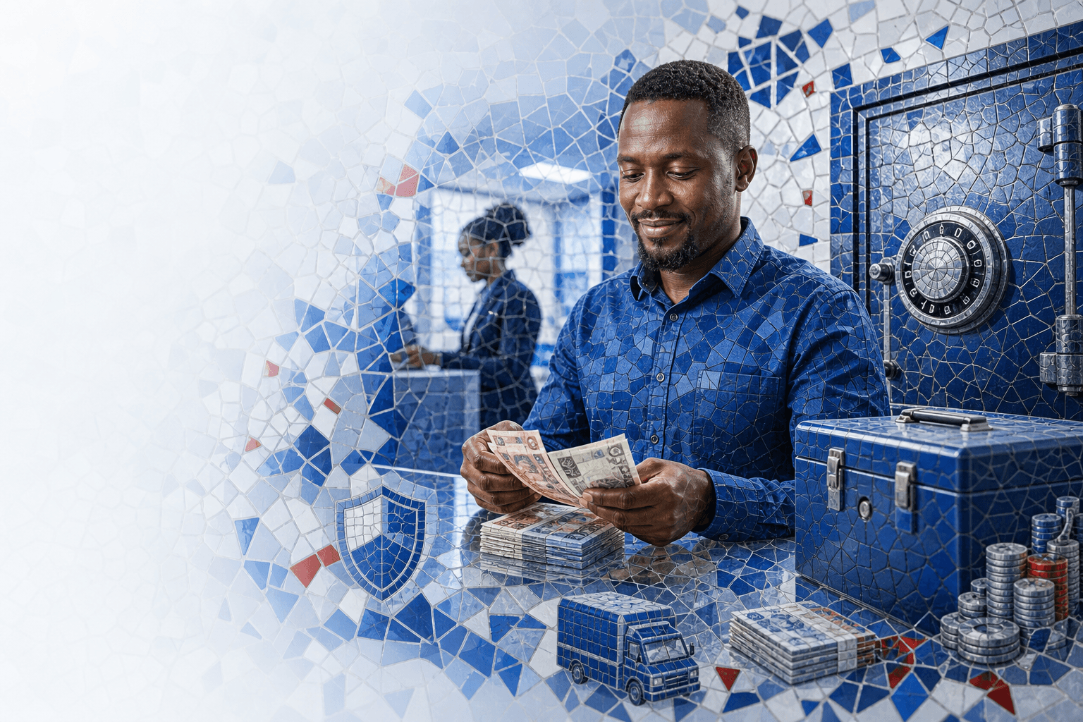 A reassured business owner safely handling cash beside a secure safe, mosaic illustrating APA Money Insurance