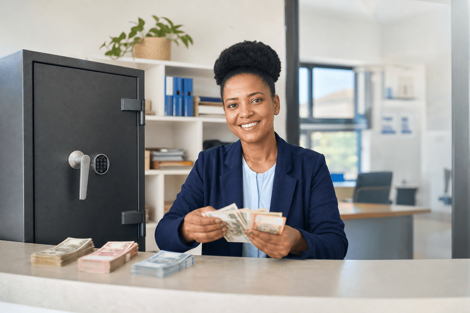 A confident cash-office manager safely handling banknotes beside a locked safe, protected by APA Money Insurance