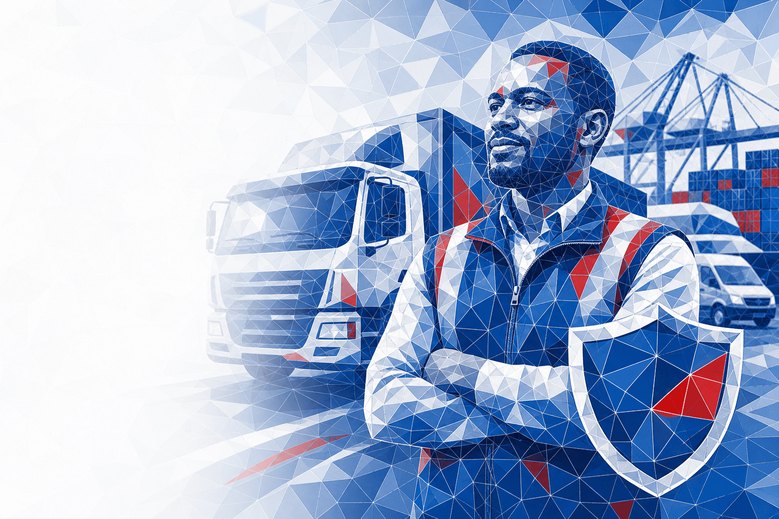 Fleet manager beside a commercial truck with mosaic effect, illustrating APA Motor Commercial Insurance