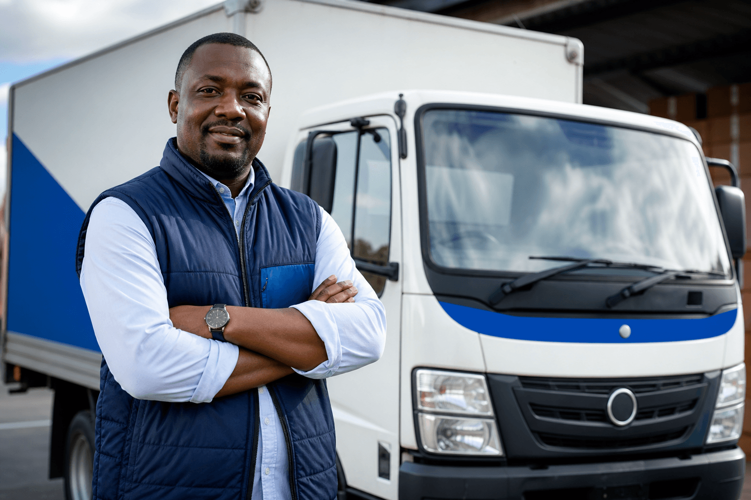 Fleet manager beside a commercial delivery truck, protected by APA Motor Commercial Insurance
