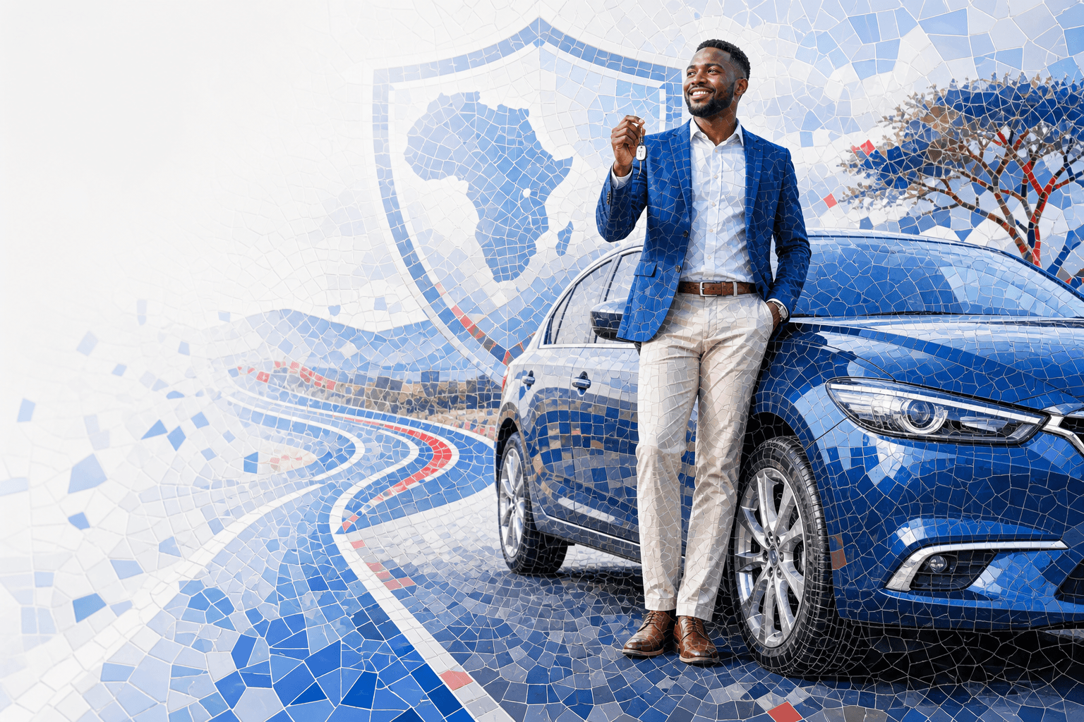 Confident car owner beside their private vehicle, mosaic illustrating APA Motor Private Insurance