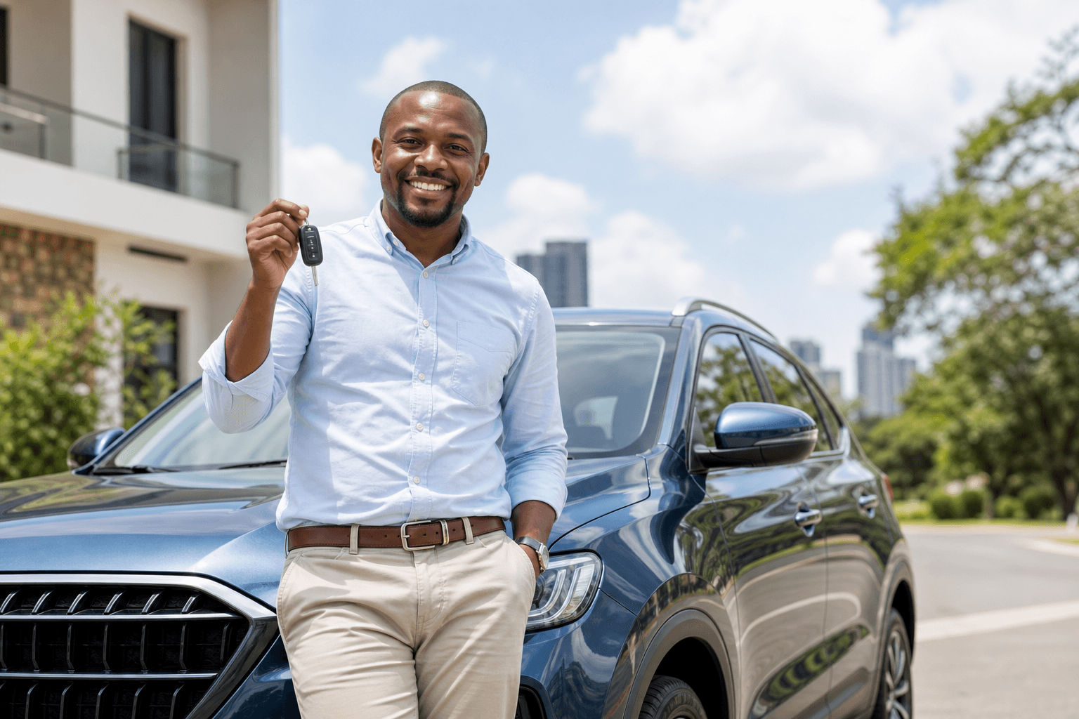 A happy car owner with keys beside their private vehicle, protected by APA Motor Private Insurance
