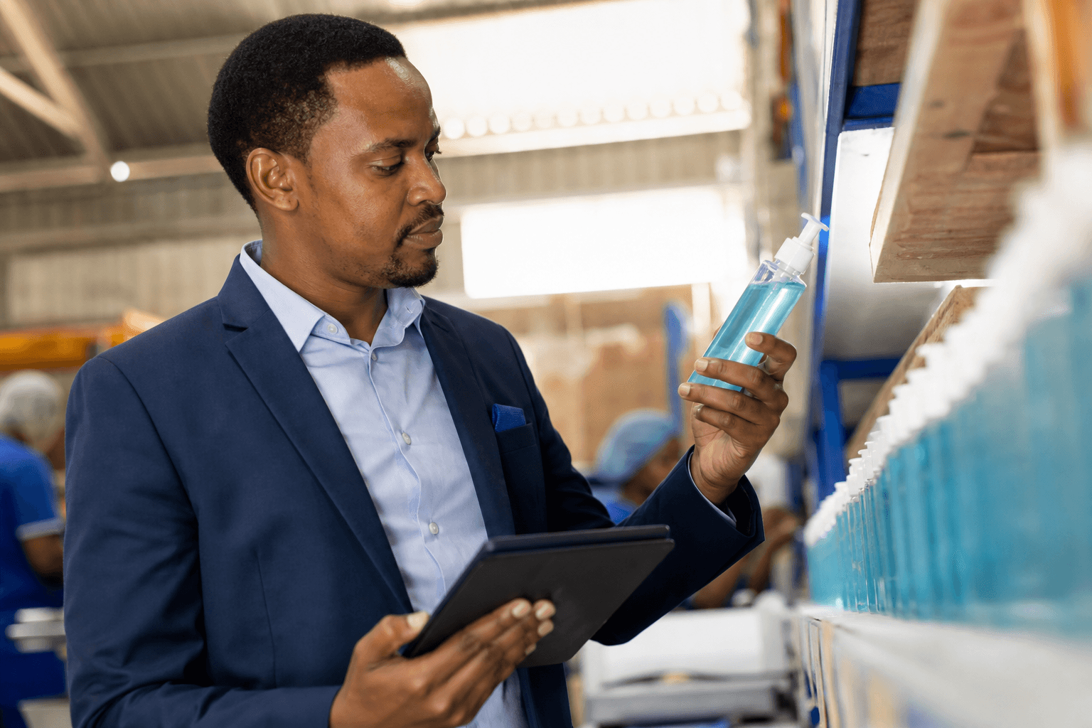 A quality manager inspecting products on a production line, protected by APA Product Liability Insurance