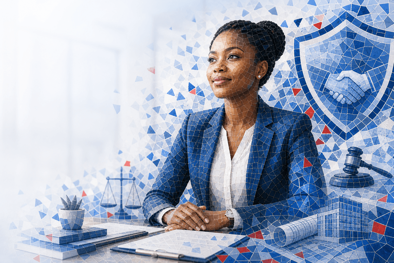 A confident professional in a modern office with protective mosaic elements, illustrating APA Professional Indemnity Insurance