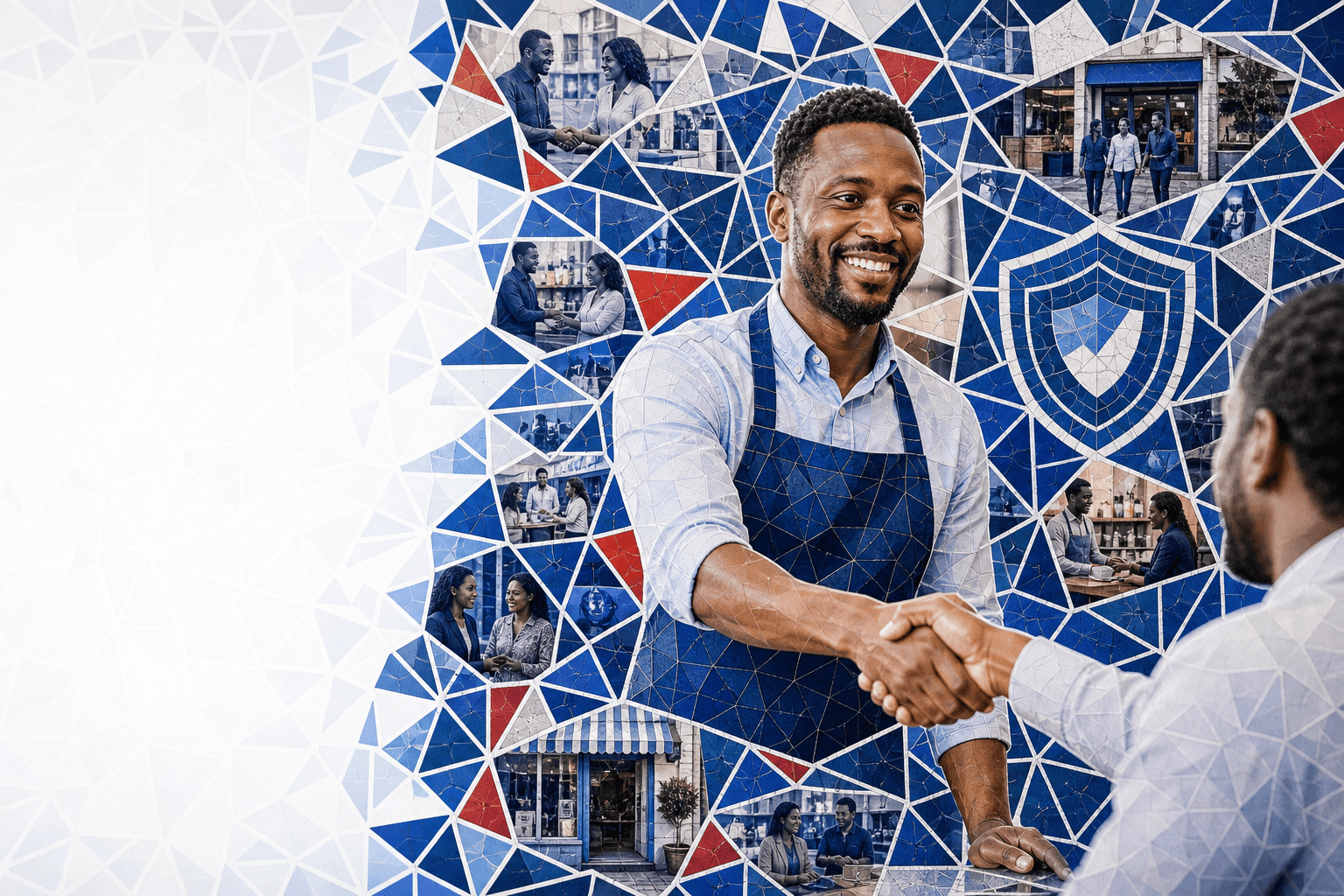 A business owner serving customers at their premises with protective mosaic elements, illustrating APA Public Liability Insurance