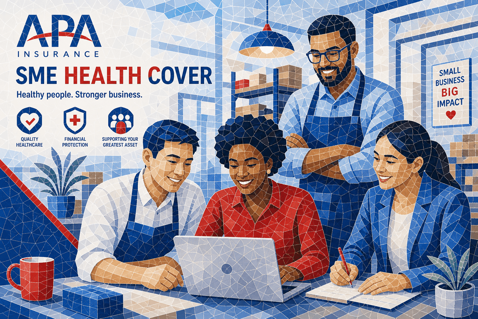 Small business team with mosaic effect, illustrating APA SME Medical Cover