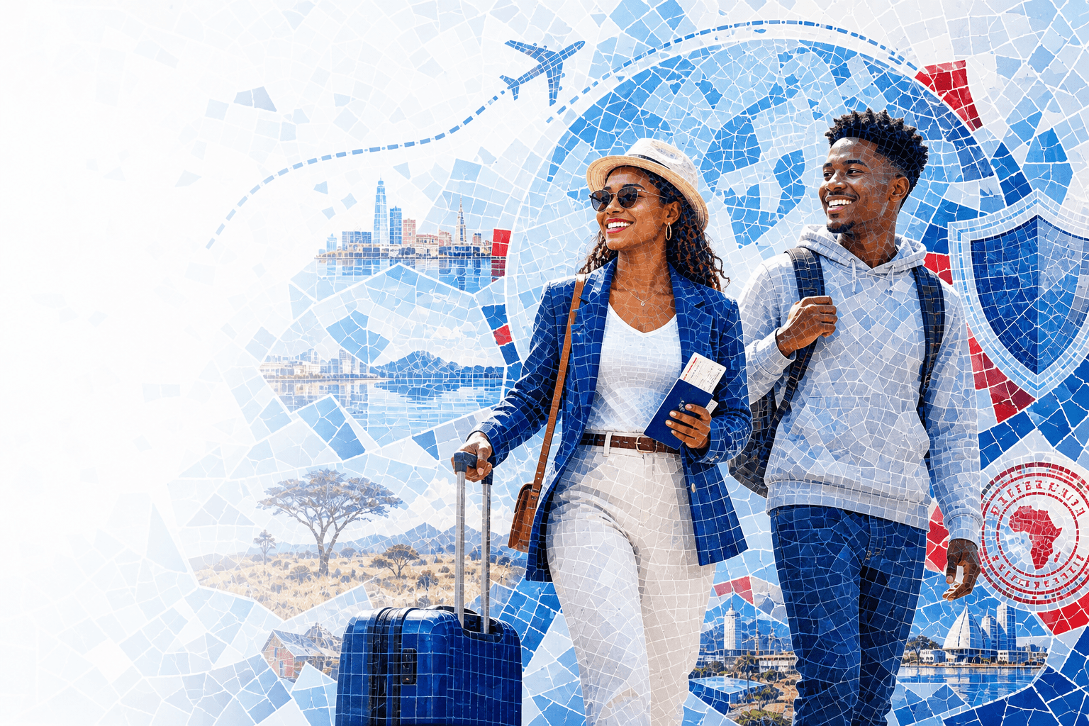 Confident travellers with luggage and passport mosaic illustrating APA Globe Trotter Travel Insurance