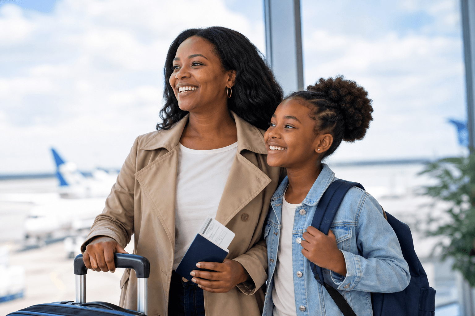 A mother and daughter with luggage and passports at the airport, protected by APA Globe Trotter