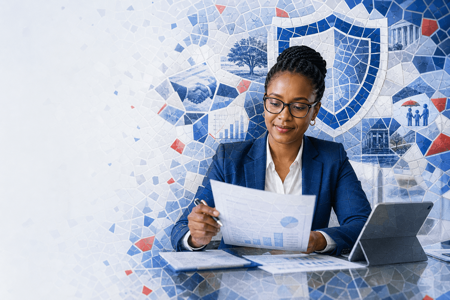 A confident trustee reviewing trust documents with protective mosaic elements, illustrating APA Trustees Liability Insurance