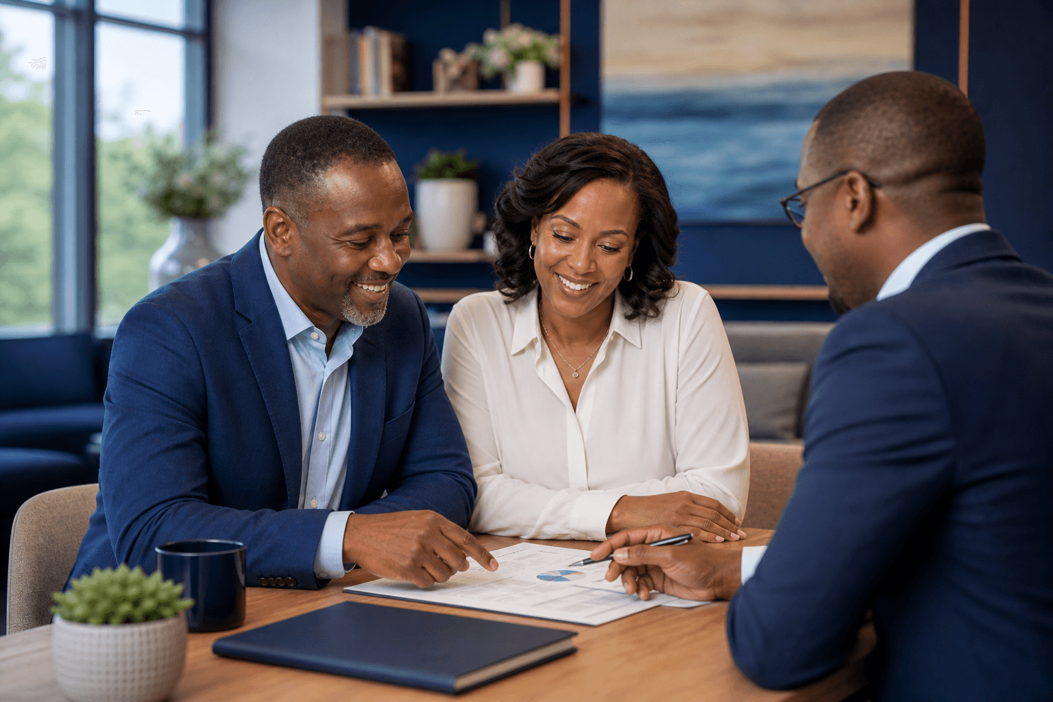 HR manager and employees discussing umbrella pension retirement benefits