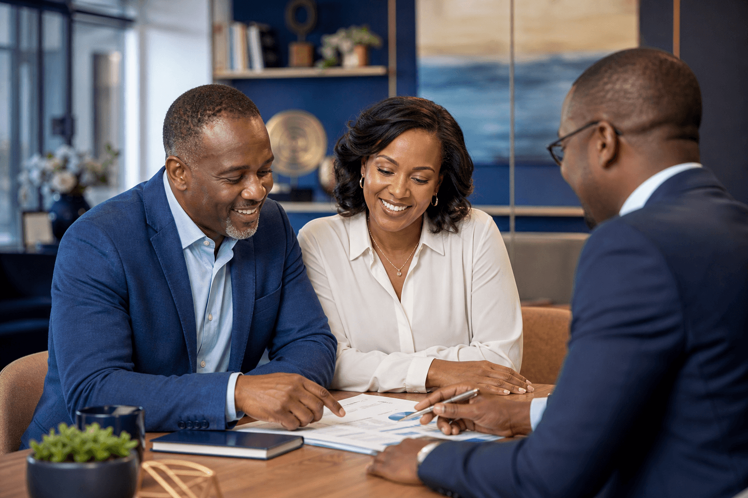 Couple with financial advisor reviewing APA WealthBuilder plan documents