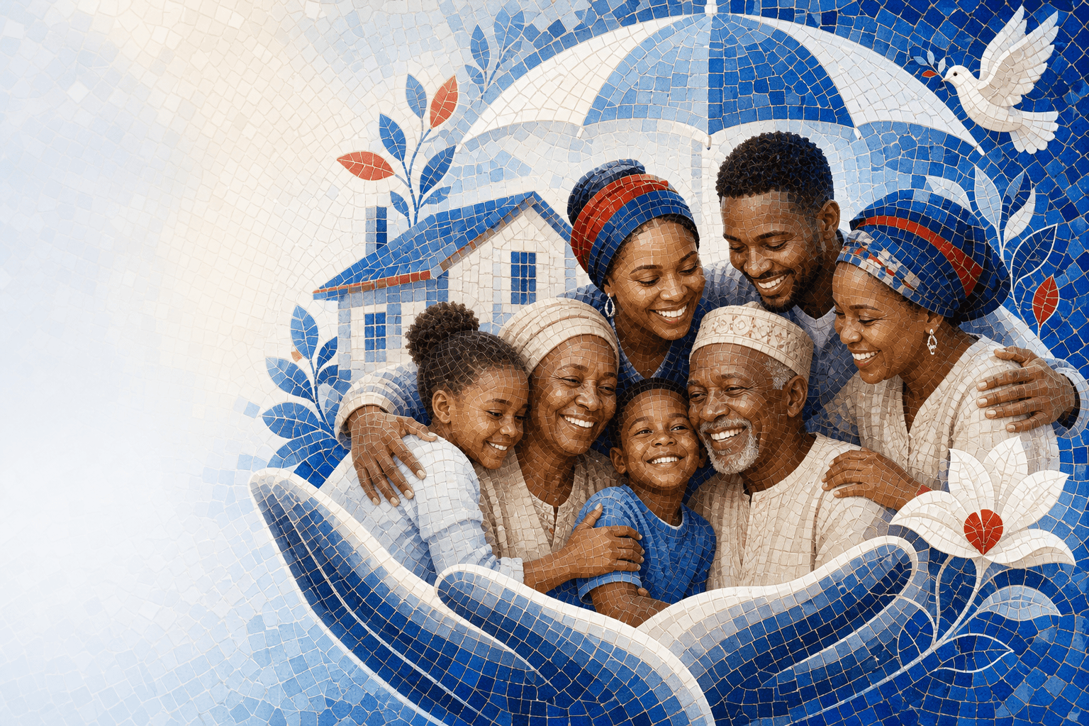 Caring multi-generational family mosaic illustrating APA Pumzisha dignified funeral cover